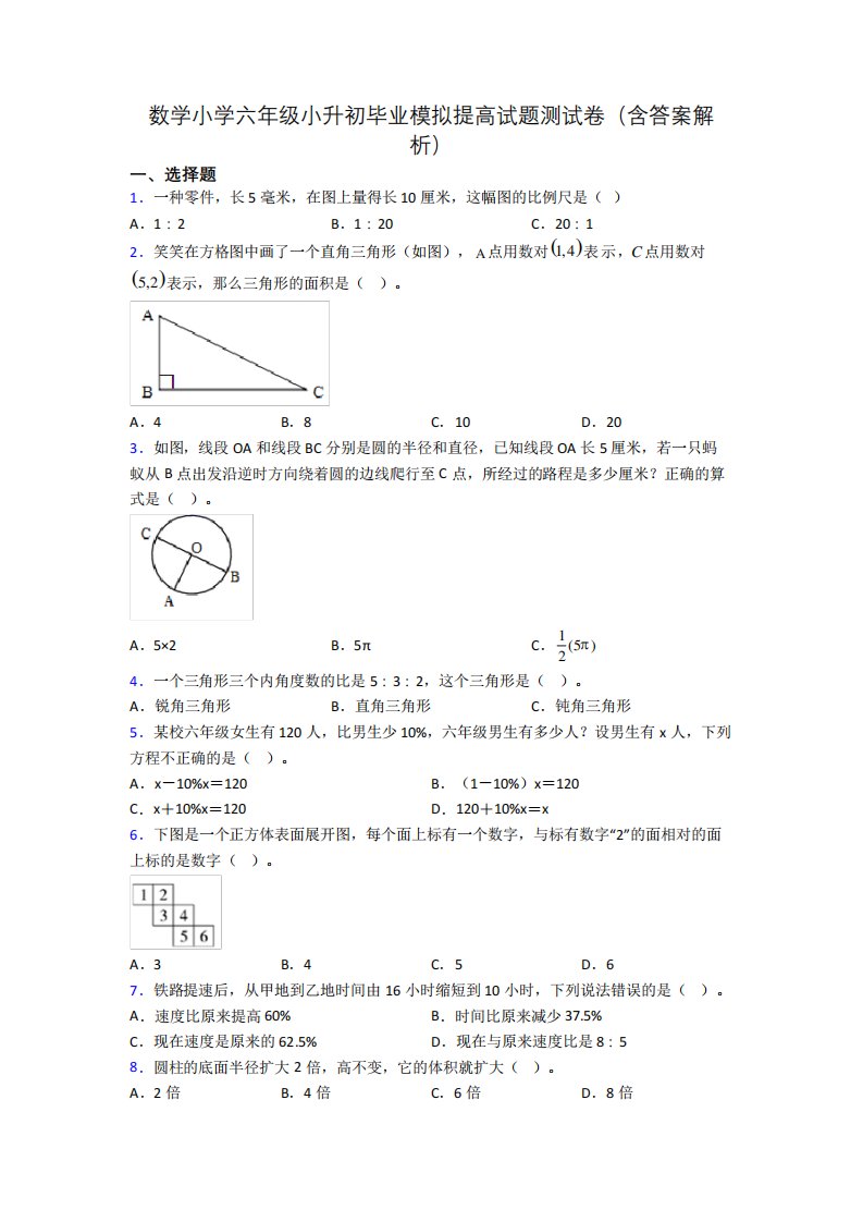 数学小学六年级小升初毕业模拟提高试题测试卷(含答案解析)