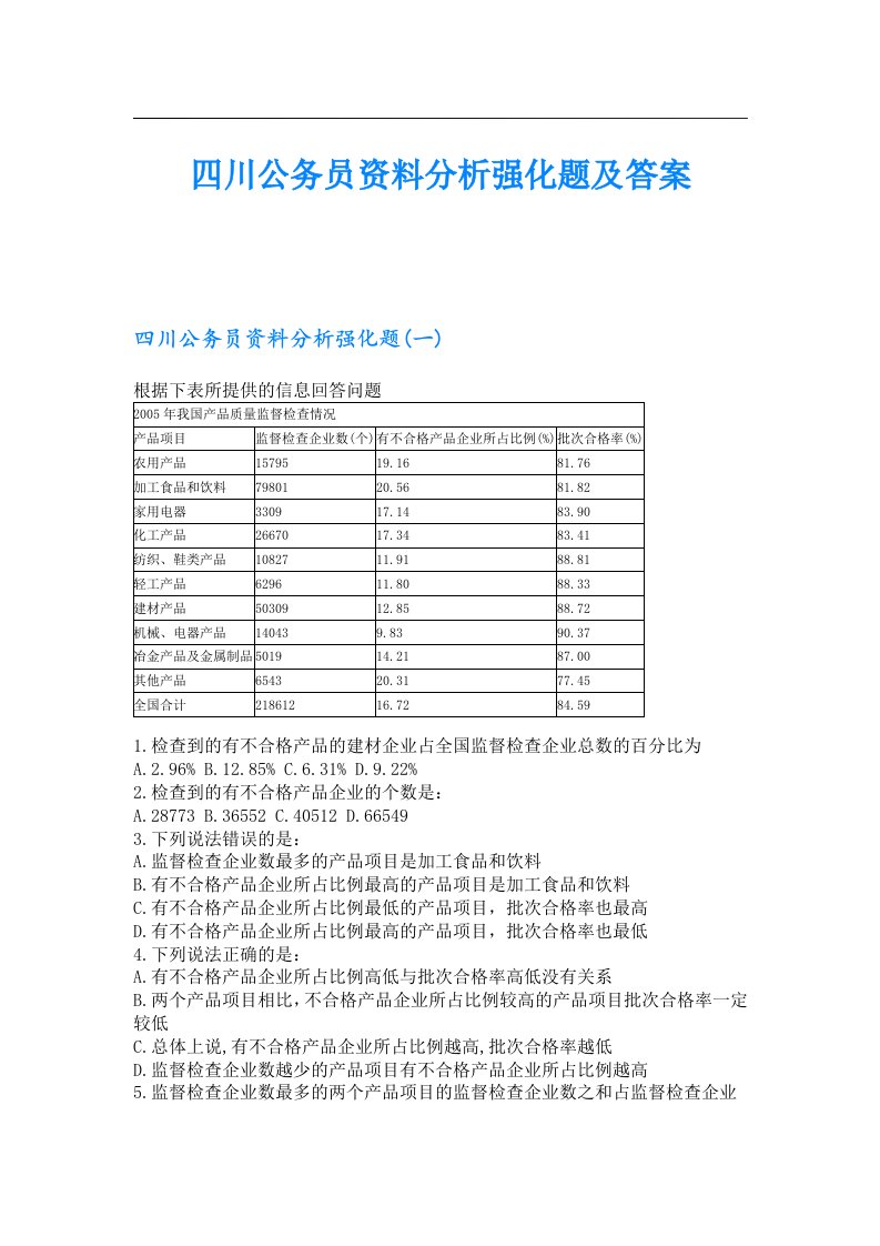 四川公务员资料分析强化题及答案