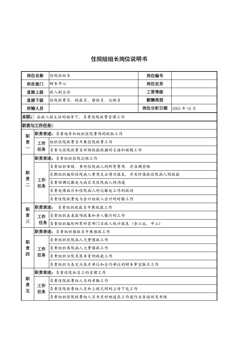 湖北新华医院财务中心住院组组长岗位说明书