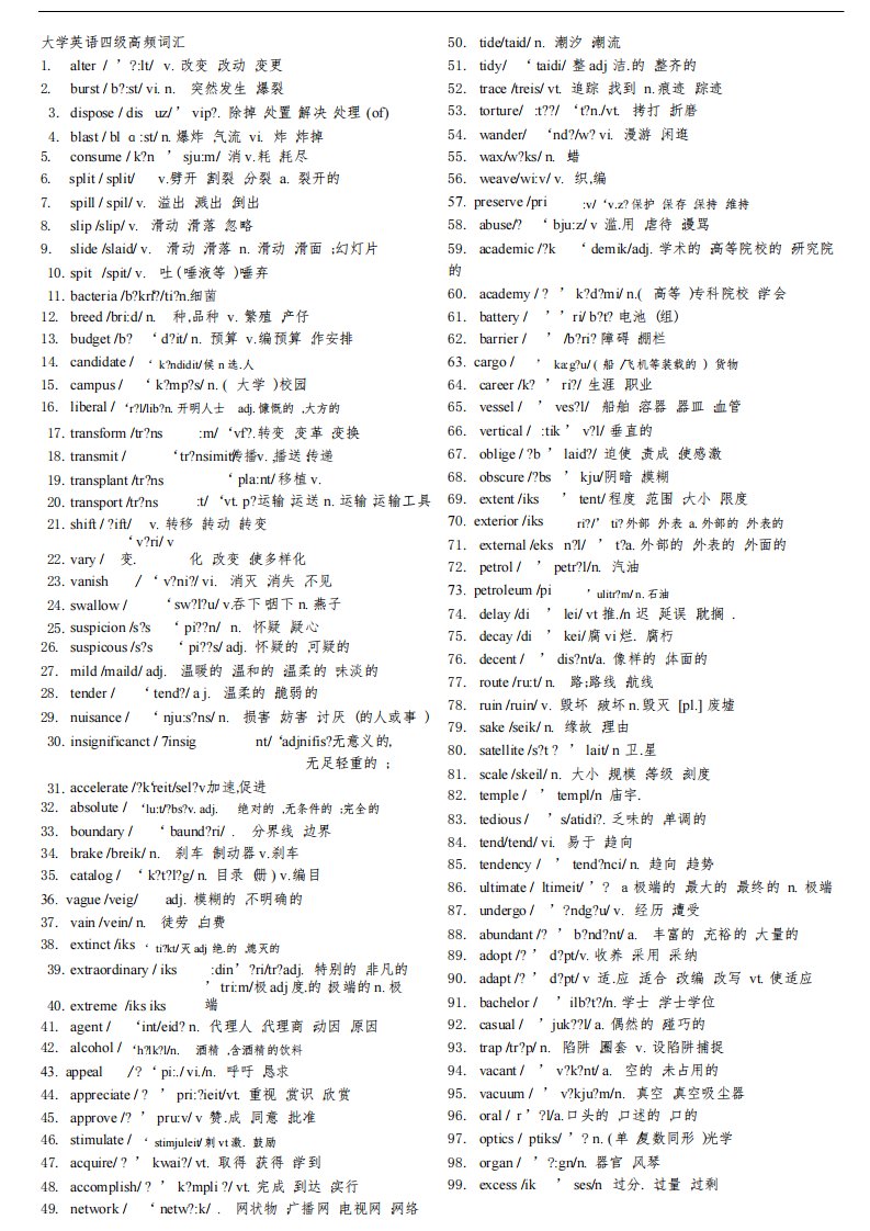 (完整word版)大学英语四级高频词汇(带音标)