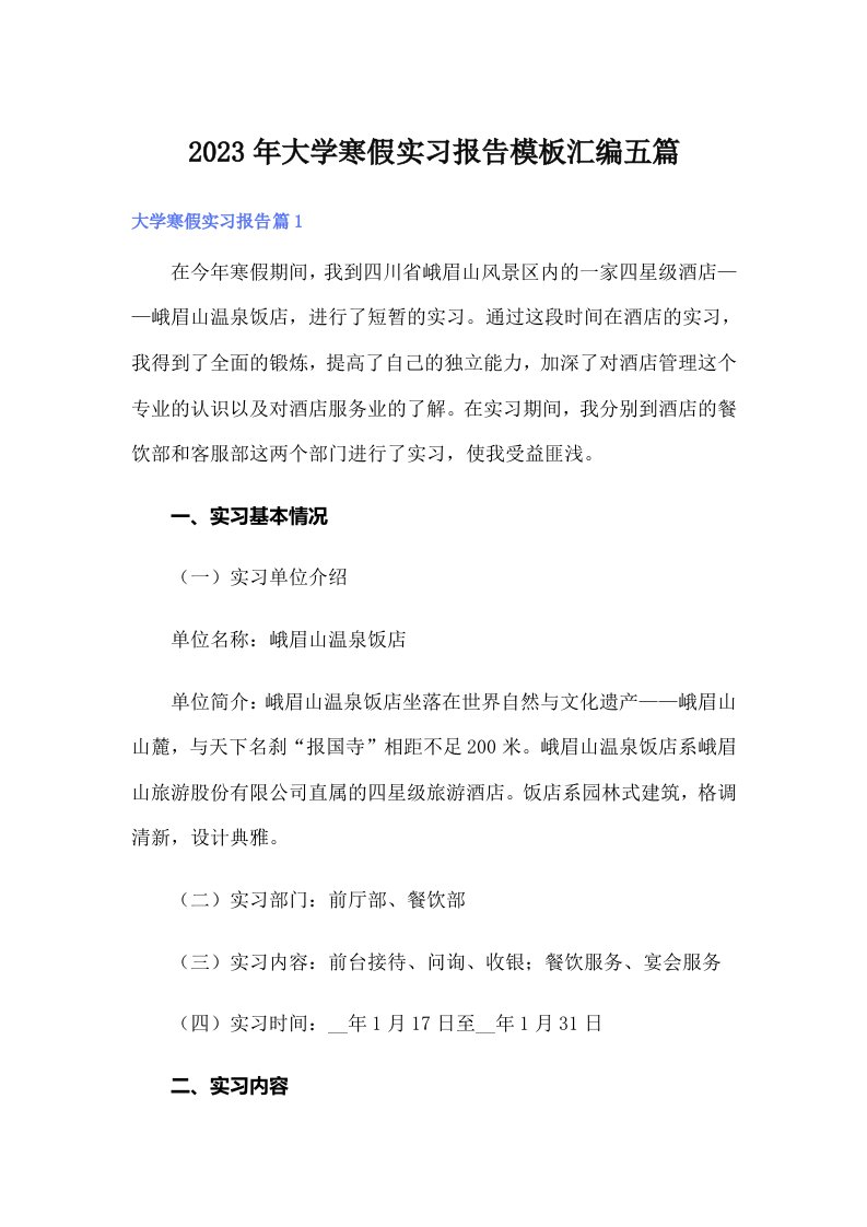 大学寒假实习报告模板汇编五篇