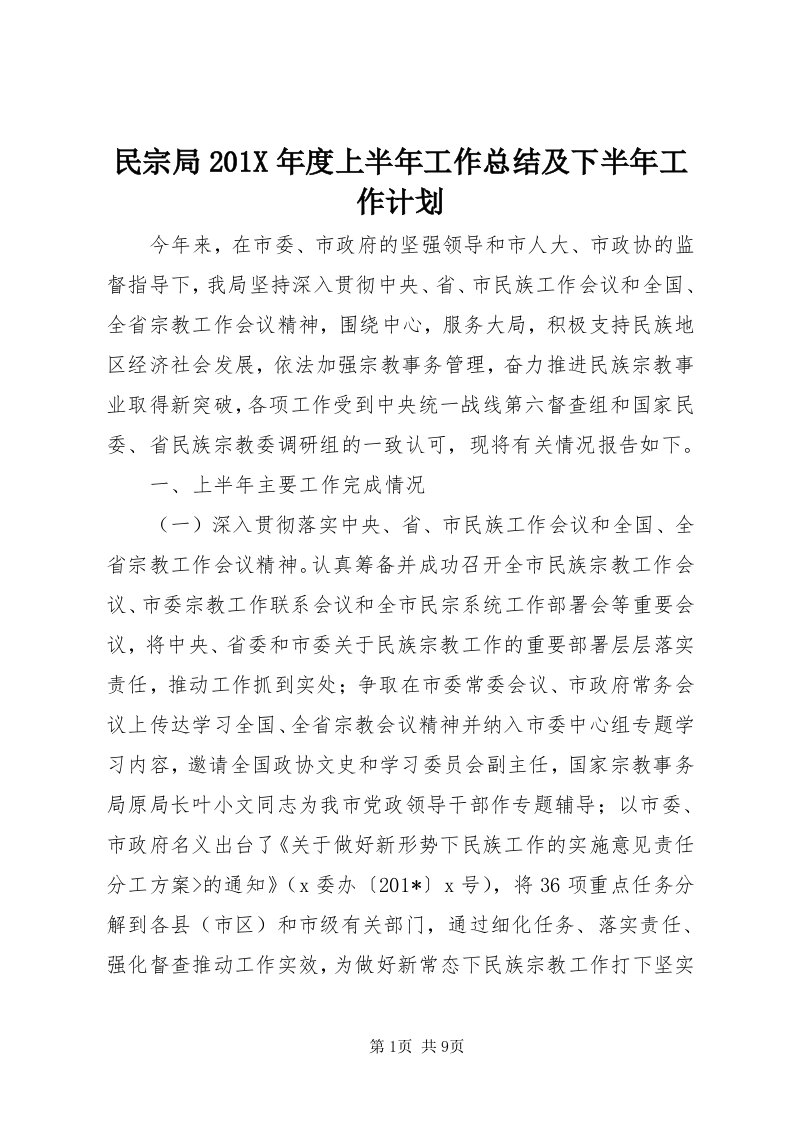 4民宗局0X年度上半年工作总结及下半年工作计划