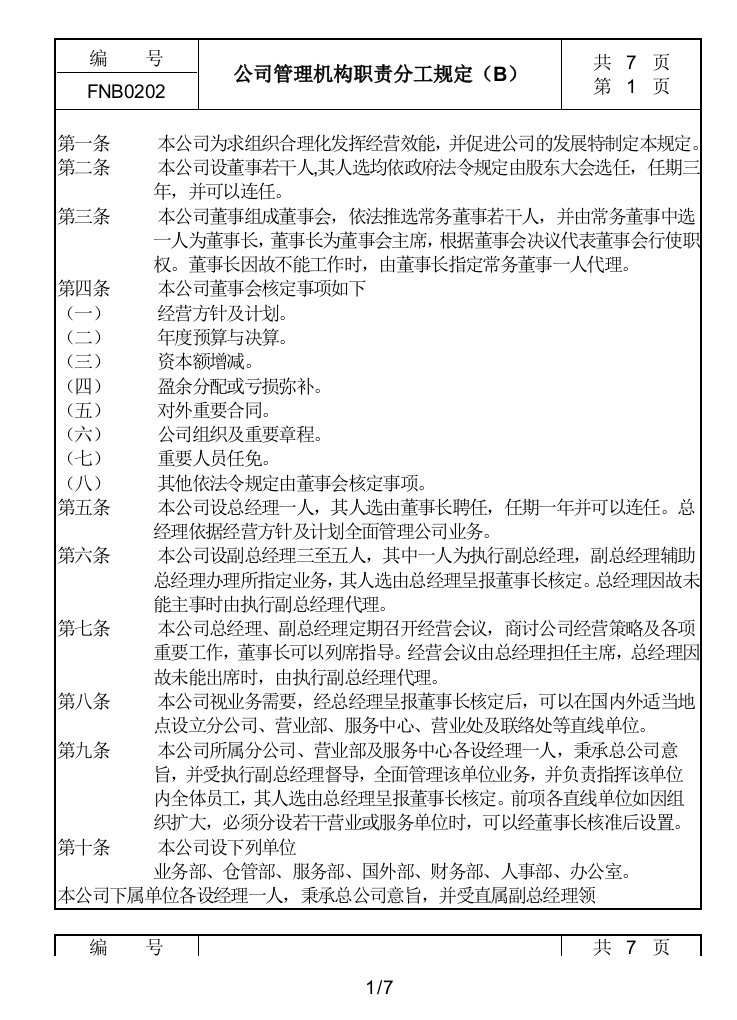 02公司管理机构职责分工规定B