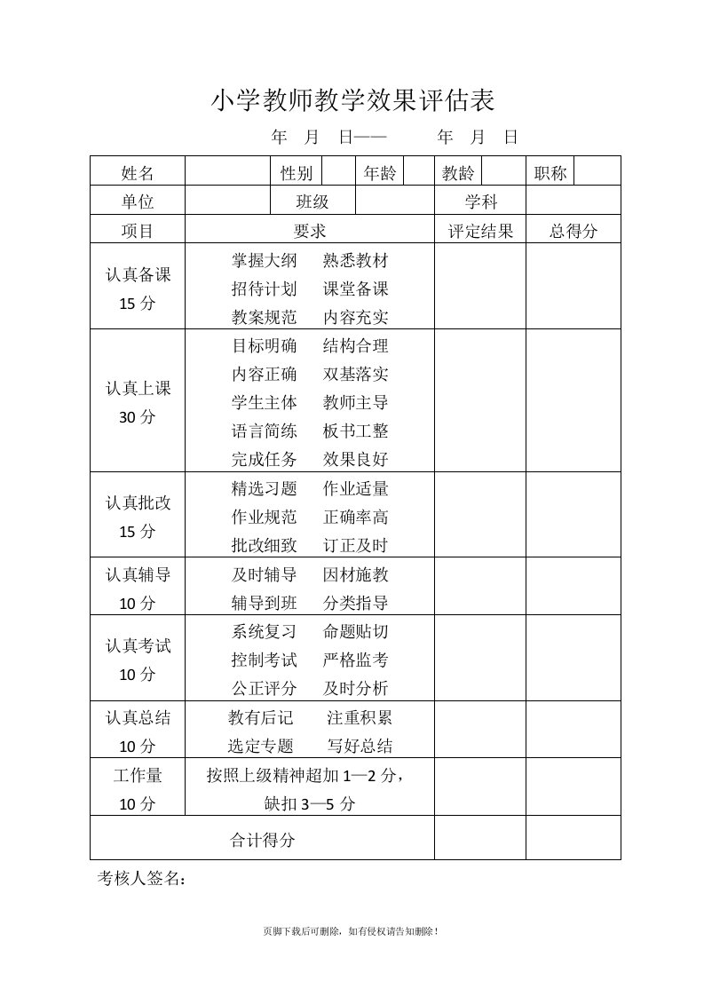 教师教学效果评估表