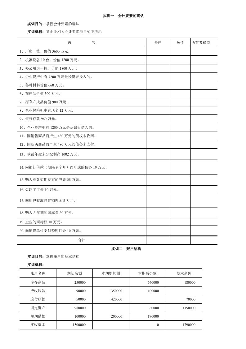 基础会计实训资料