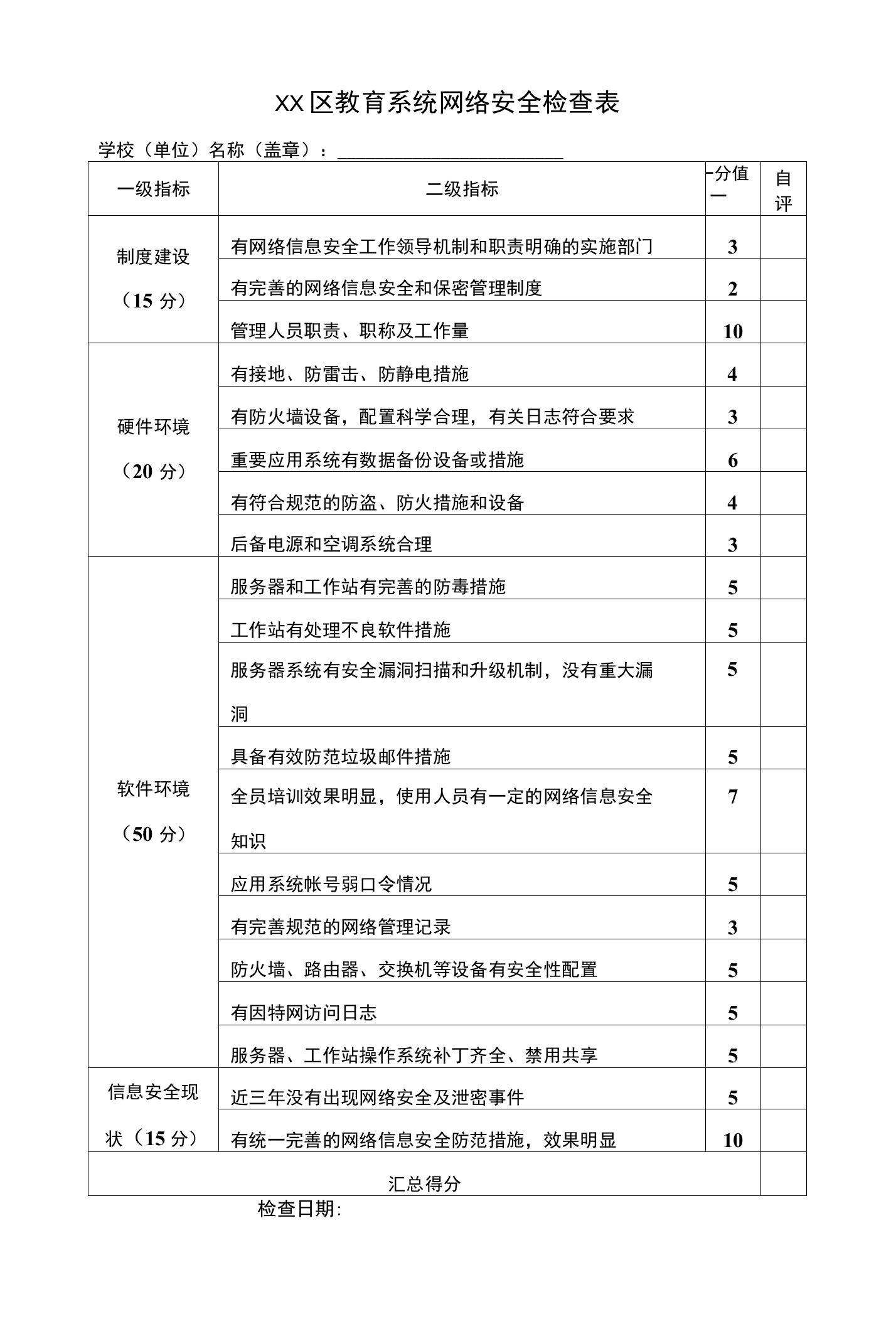 教育系统网络安全检查表