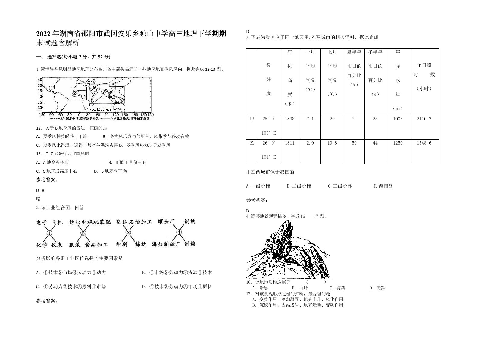 2022年湖南省邵阳市武冈安乐乡独山中学高三地理下学期期末试题含解析