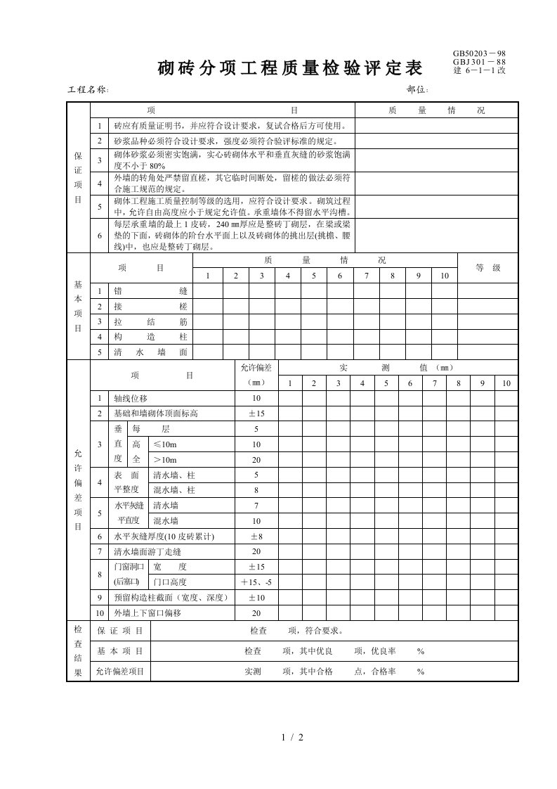 某建筑公司砌砖分项工程质量检验评定表