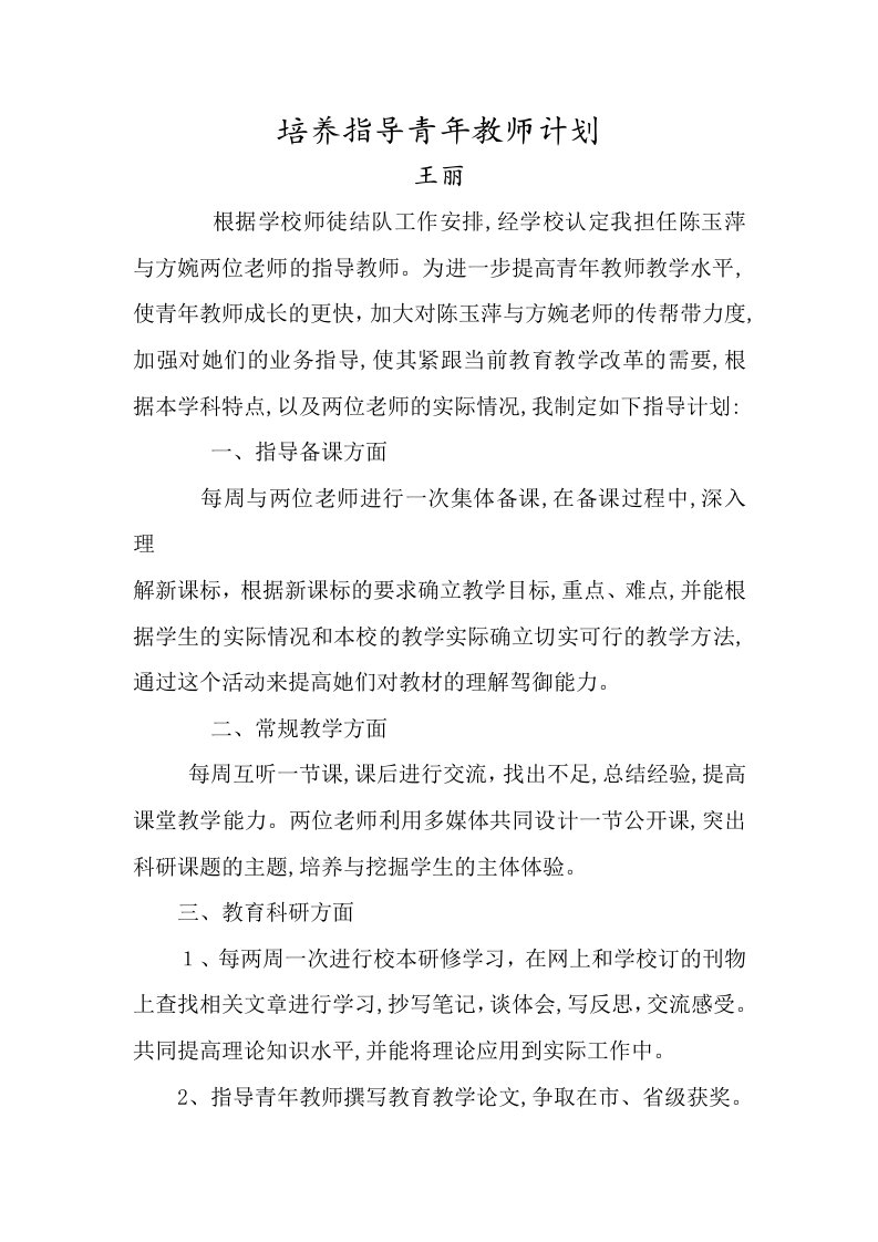 个人培养指导青年教师计划