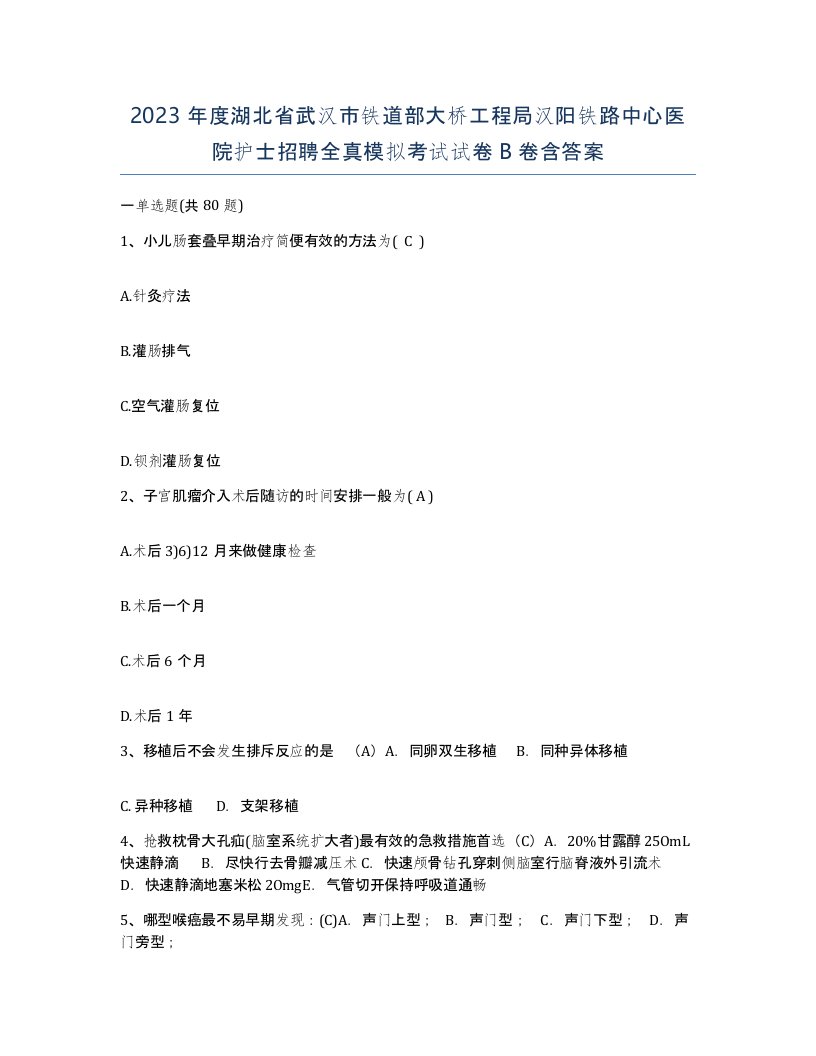 2023年度湖北省武汉市铁道部大桥工程局汉阳铁路中心医院护士招聘全真模拟考试试卷B卷含答案