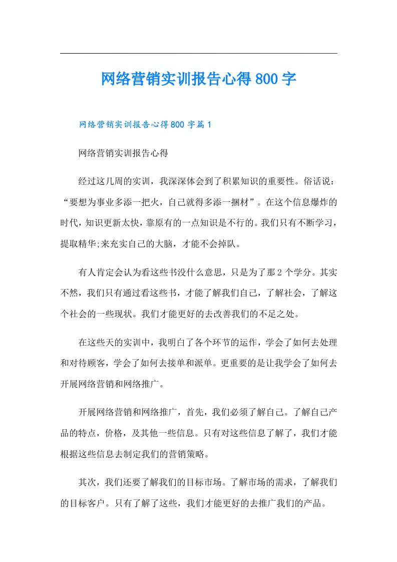 （整合汇编）网络营销实训报告心得800字