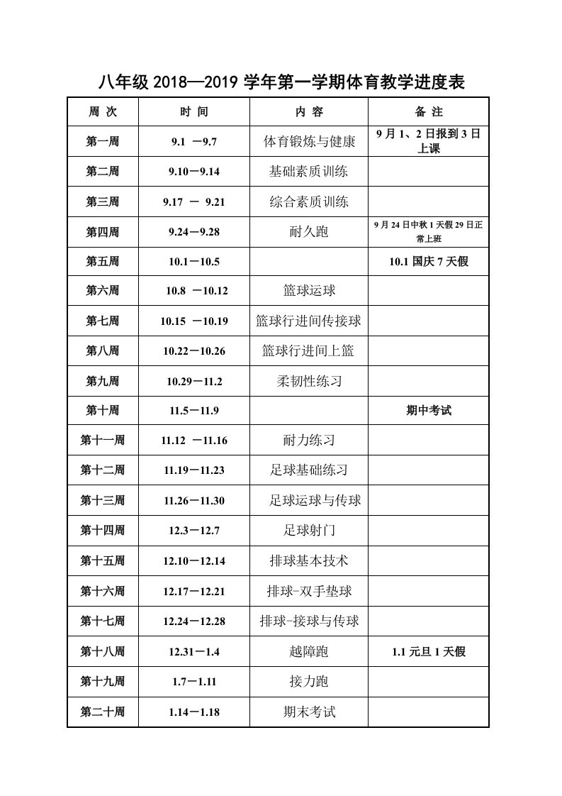 八年级体育教学进度表