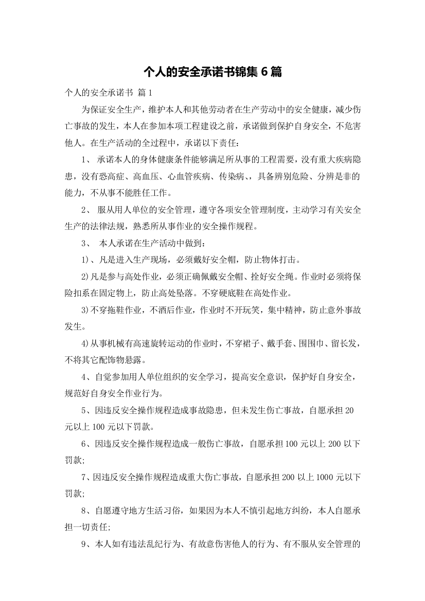 个人的安全承诺书锦集6篇