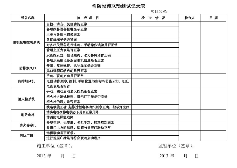 消防联动测试记录表