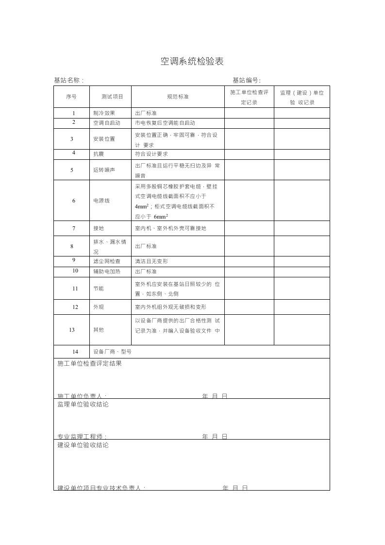 空调系统检验表