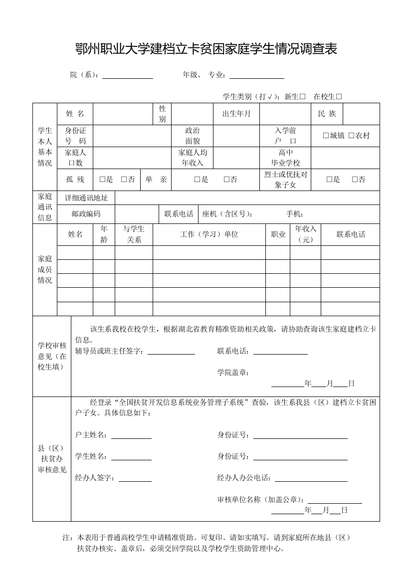 鄂州职业大学建档立卡贫困家庭学生情况调查表