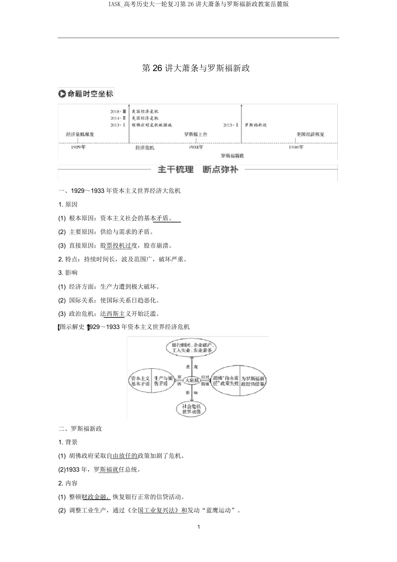 IASK高考历史大一轮复习第26讲大萧条与罗斯福新政教案岳麓版