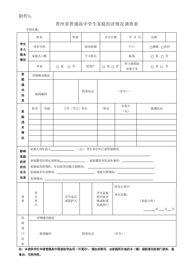 贵州省普通高中学生家庭经济情况调查表