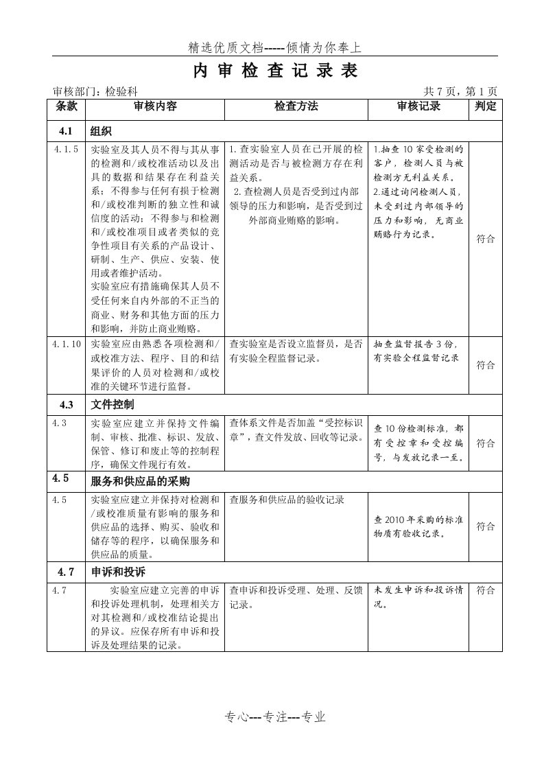 内审检查记录表（检验科）(共8页)