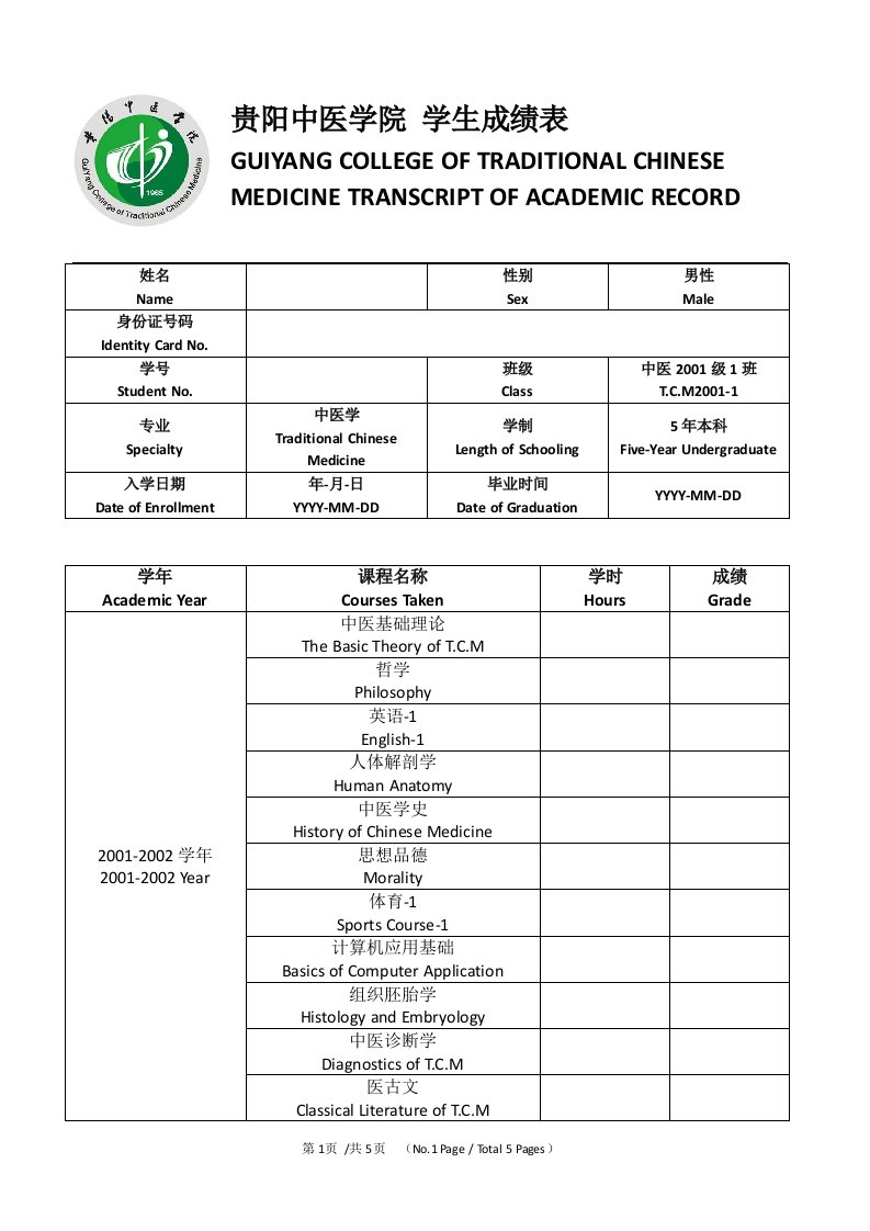 NCCAOM考试-学院个人成绩单-双语模板