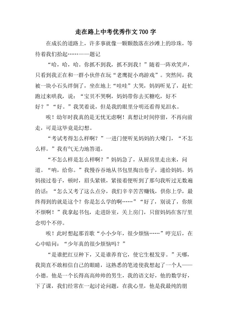 走在路上中考优秀作文700字