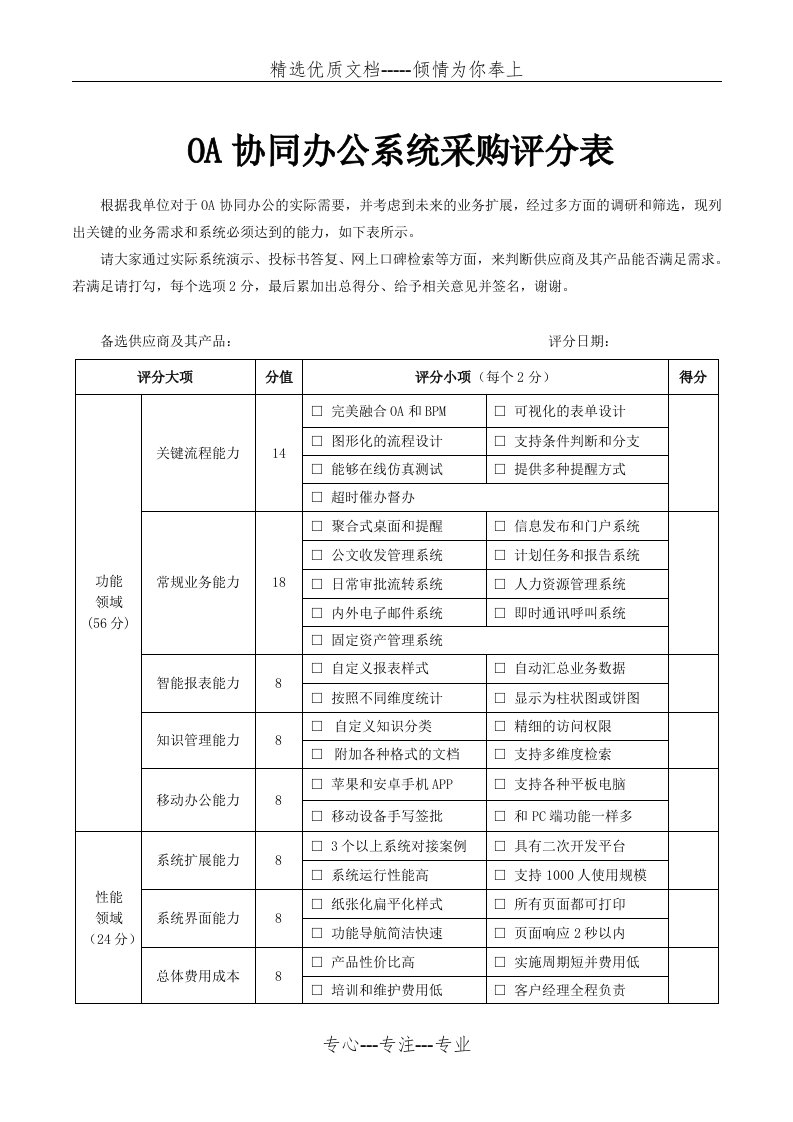 OA协同办公系统采购评分表(共2页)