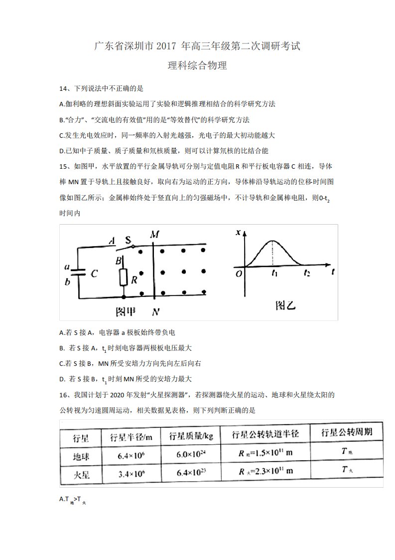 高三二模理综物理试题及答案