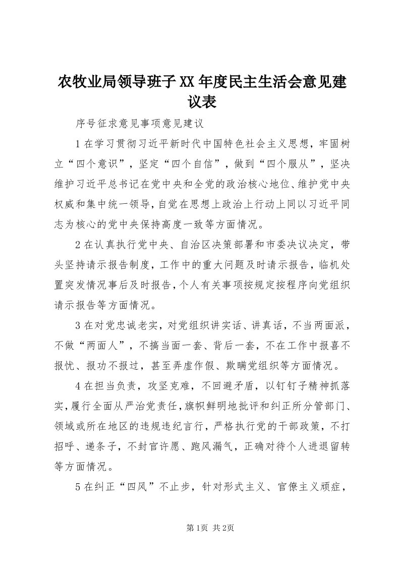 5农牧业局领导班子某年度民主生活会意见建议表