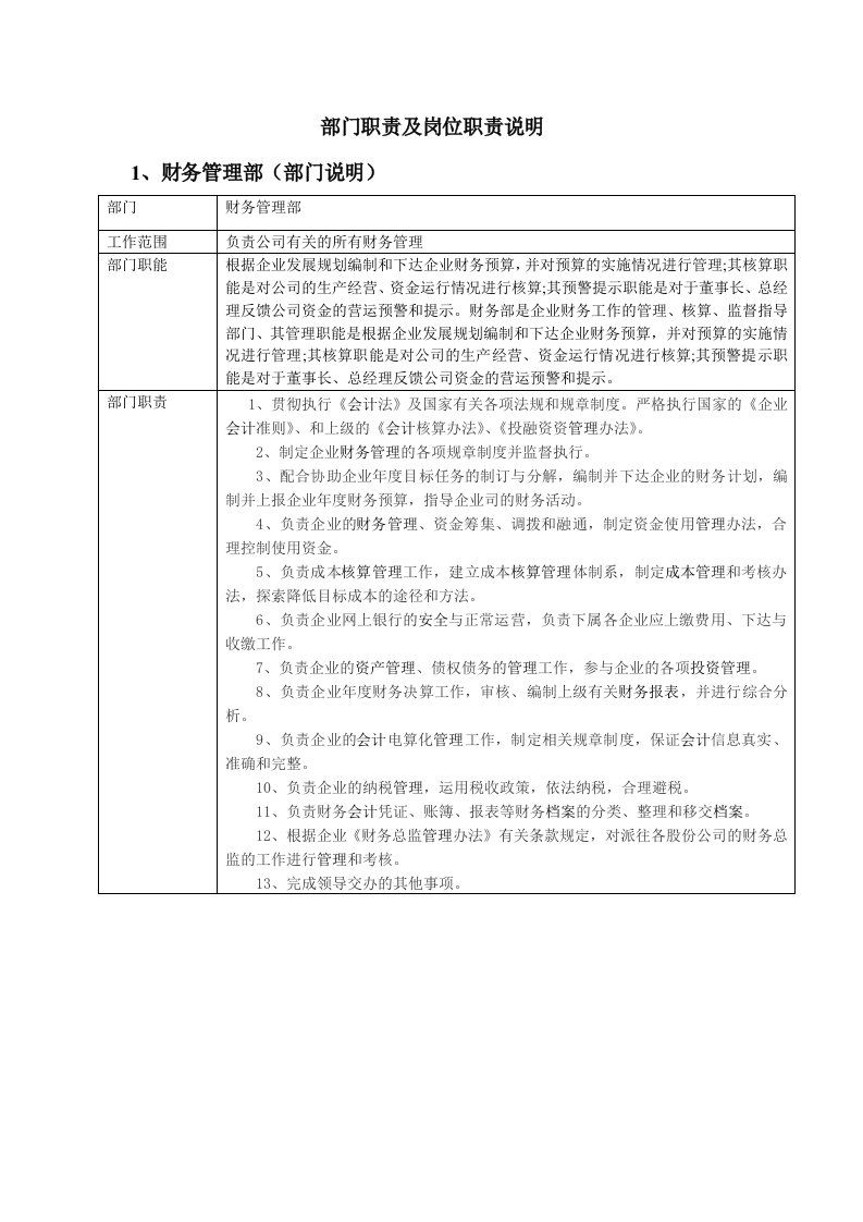 财务部职责及岗位职责说明