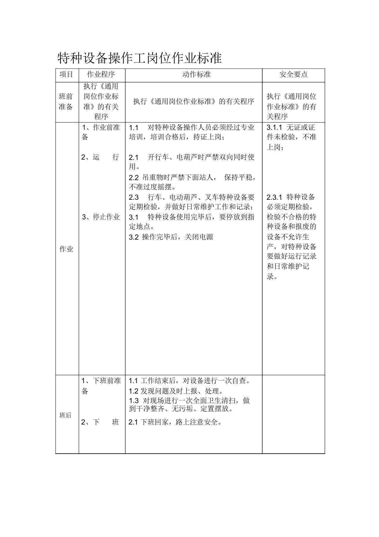 特种设备操作工岗位作业标准