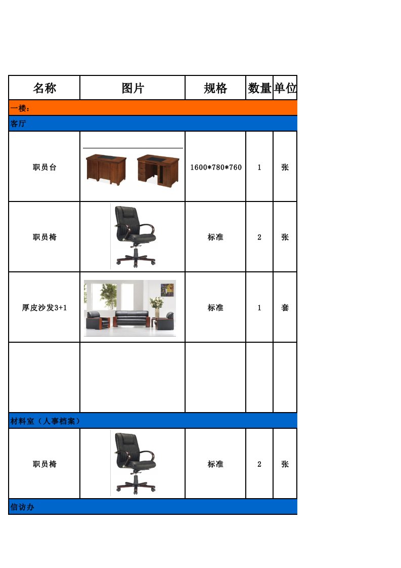 家具行业-梨园别墅办公家具采购预算清单