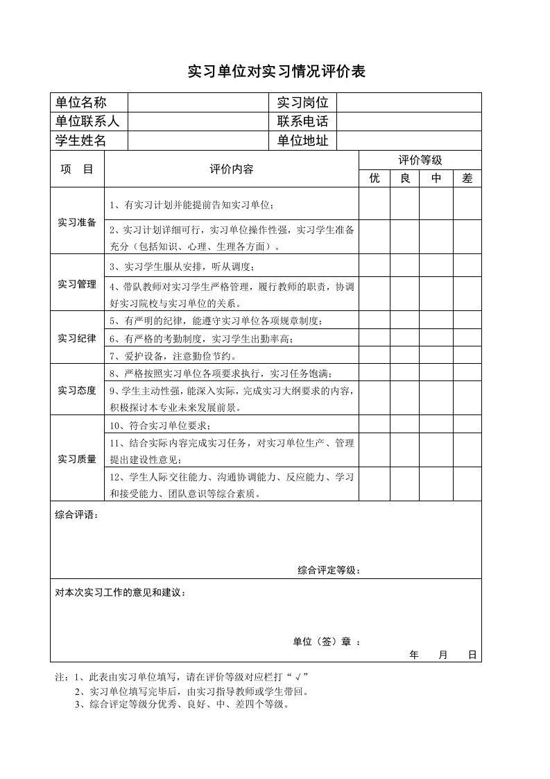 汽车实习单位对学生评价表