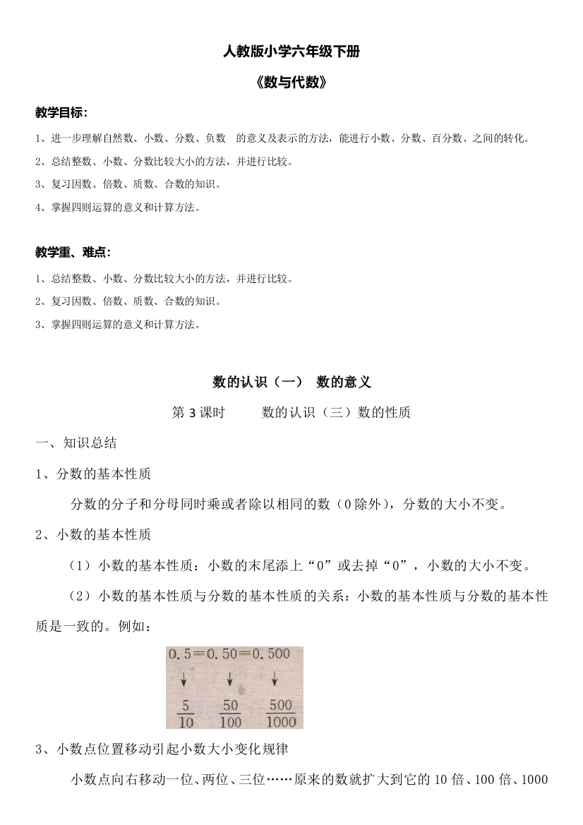 人教小学六年级下册数与代数