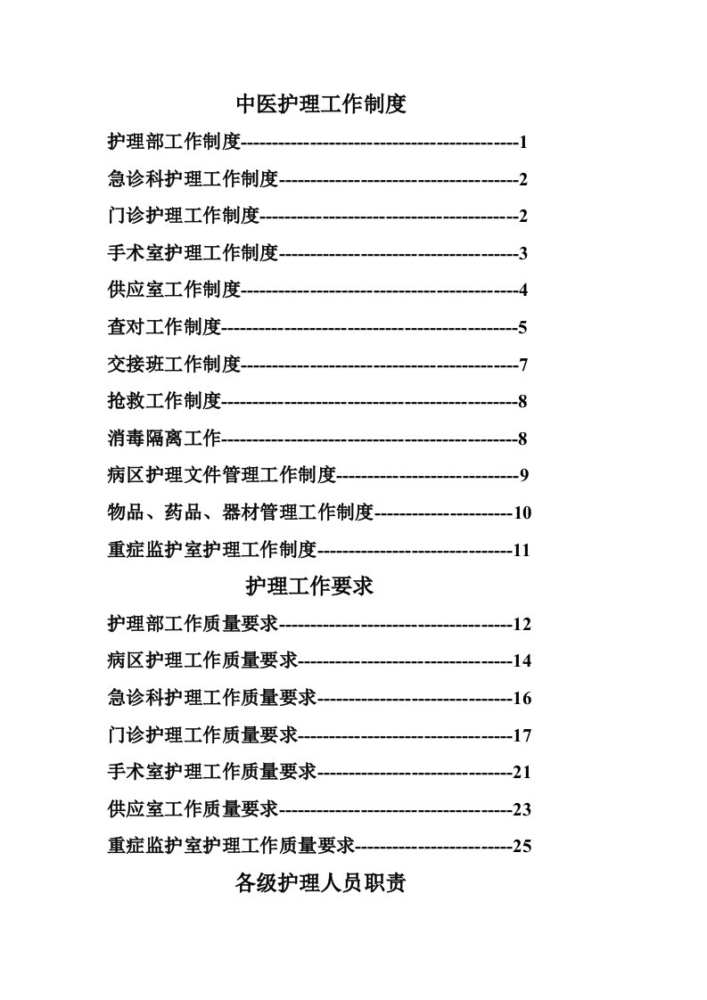 中医护理工作制度及职责目录