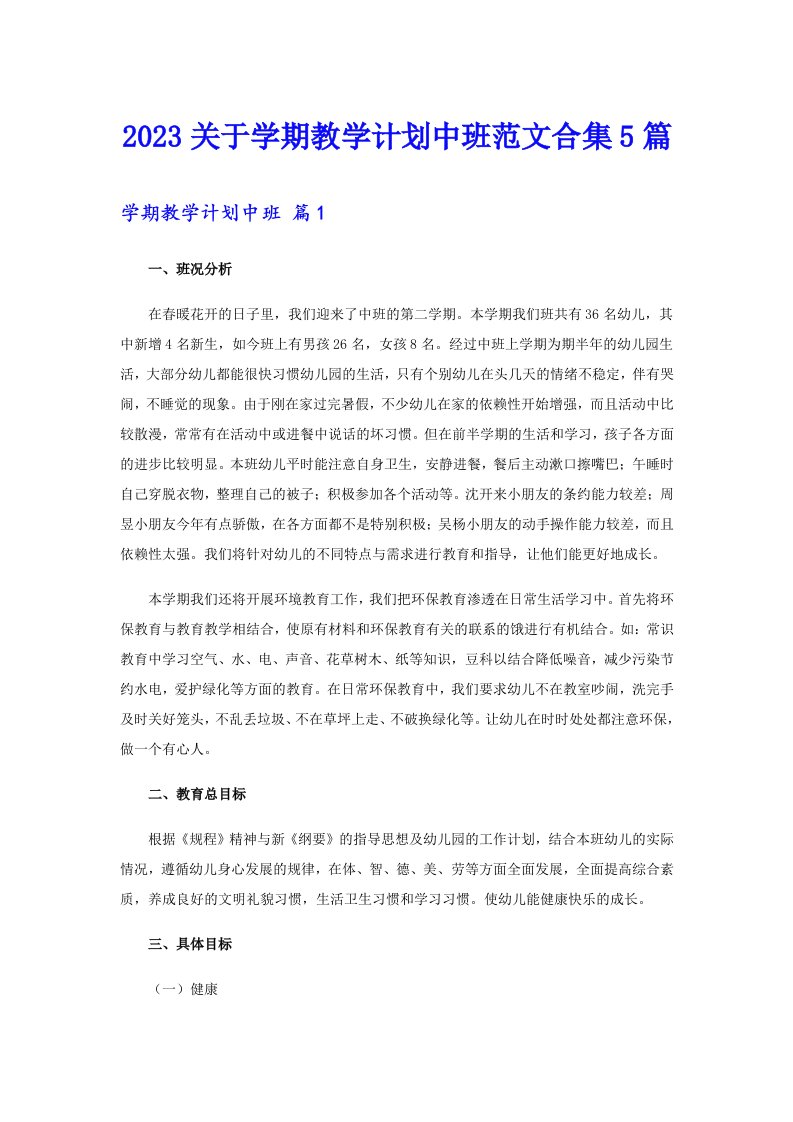 2023关于学期教学计划中班范文合集5篇