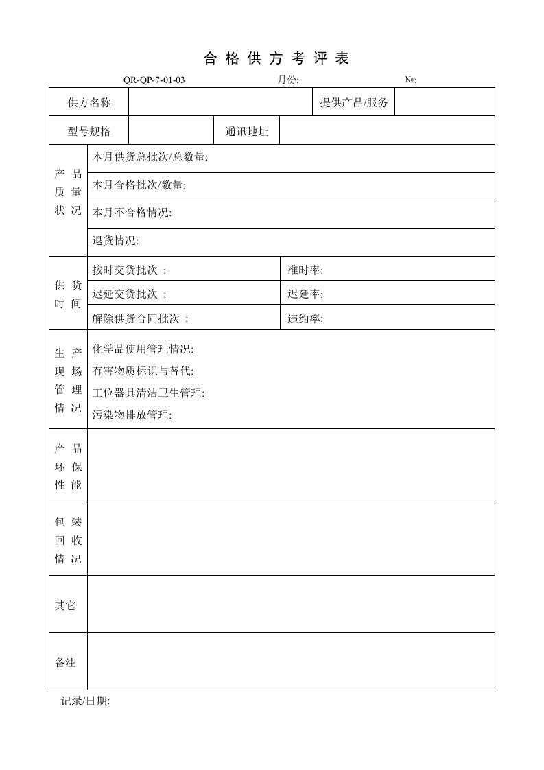 ISO14001新表格打包(53个doc)合格供方考评表-人事制度表格