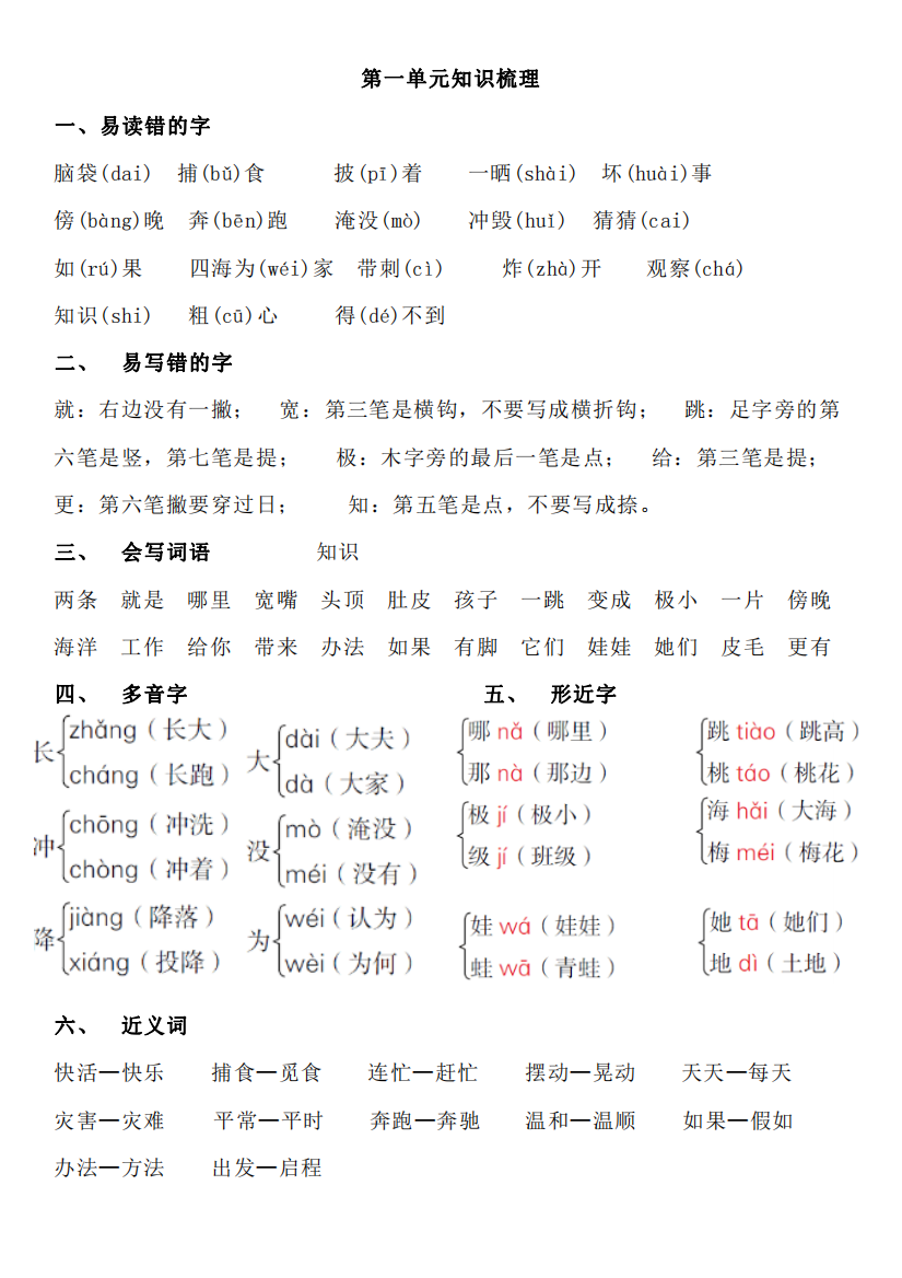 【小学精品】部编新人教版二年级语文上册单元知识梳理