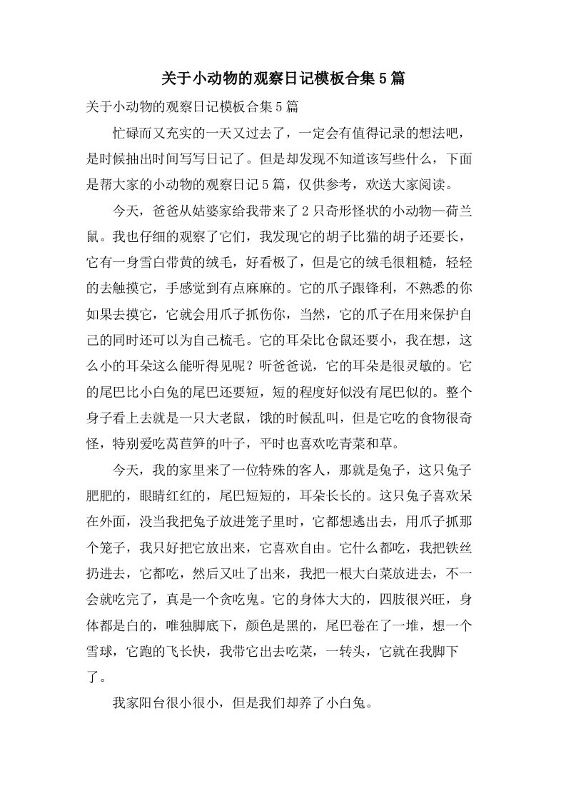 关于小动物的观察日记模板合集5篇