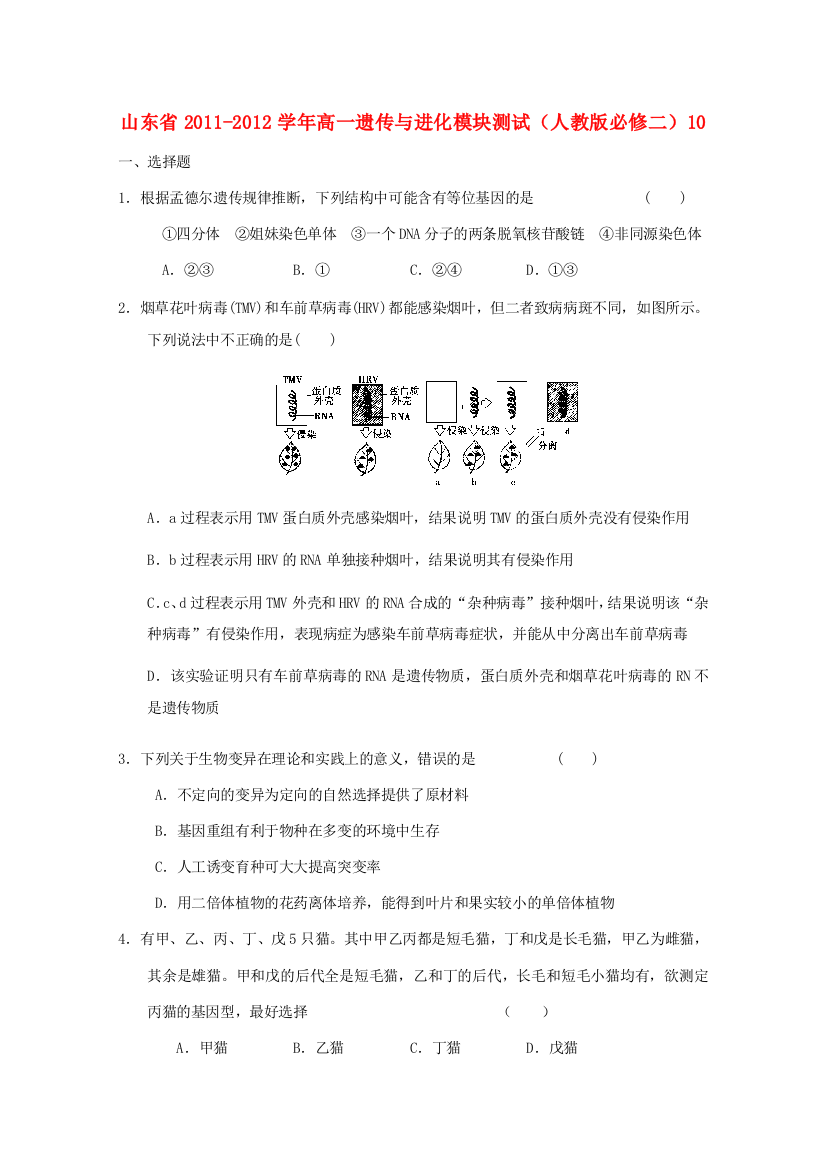 山东省2011-2012学年高中生物遗传与进化模块测试10