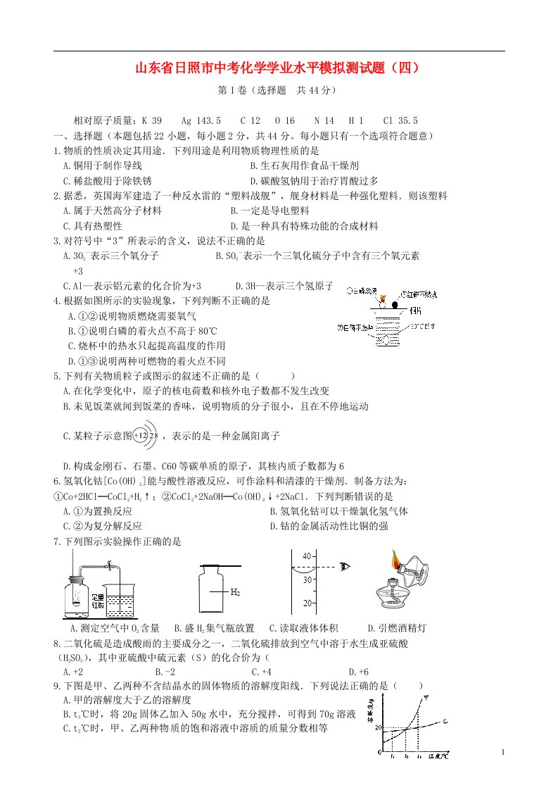 山东省日照市中考化学学业水平模拟测试题（四）