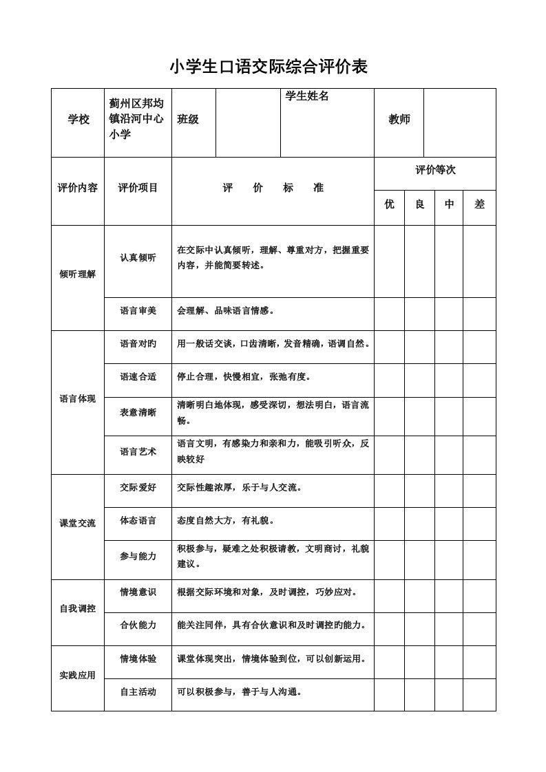 小学生口语交际综合评价表