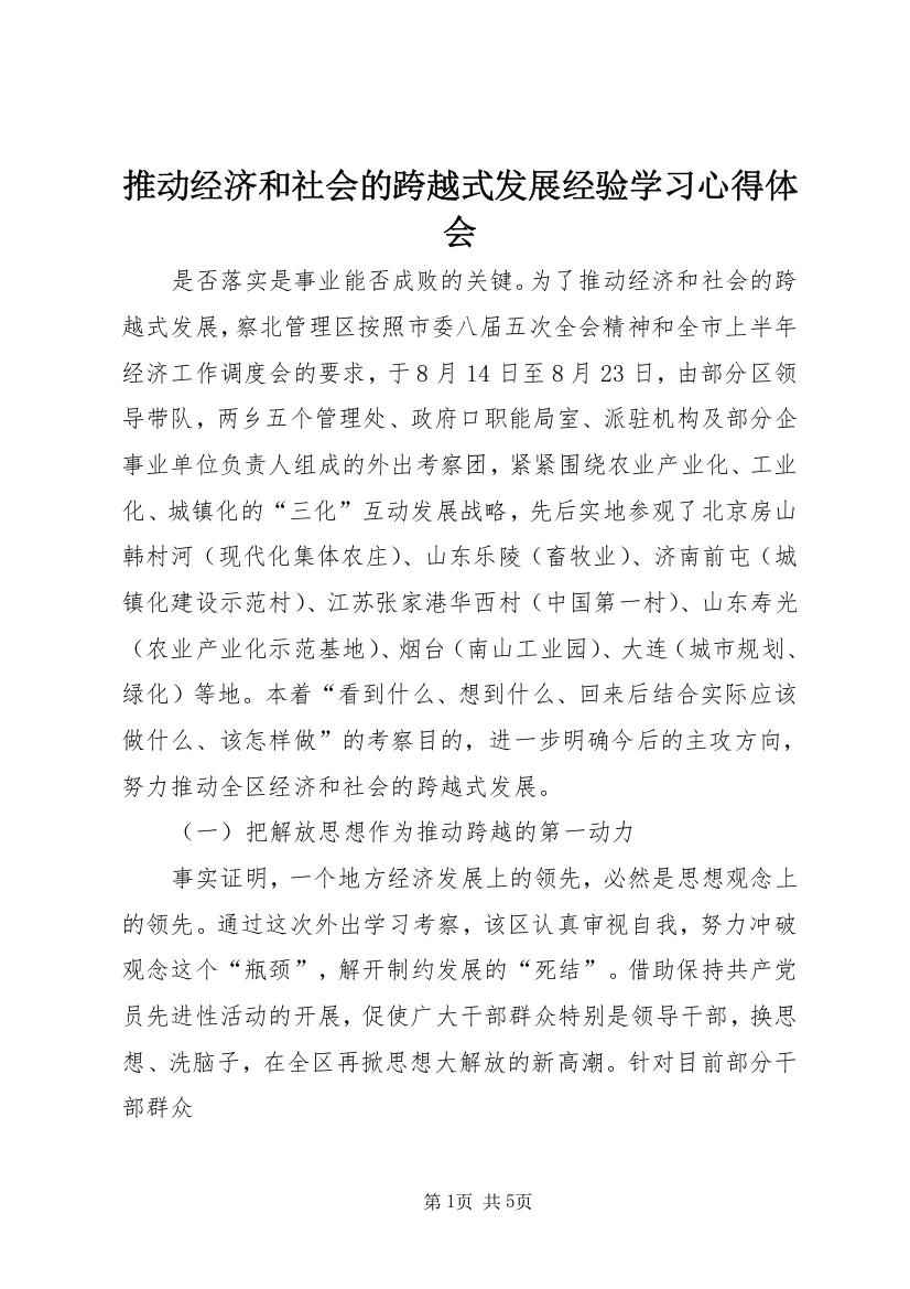 推动经济和社会的跨越式发展经验学习心得体会