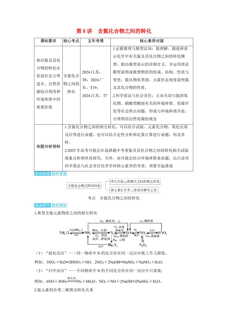 备考2025届高考化学一轮复习讲义第四章非金属及其化合物第8讲含氮化合物之间的转化