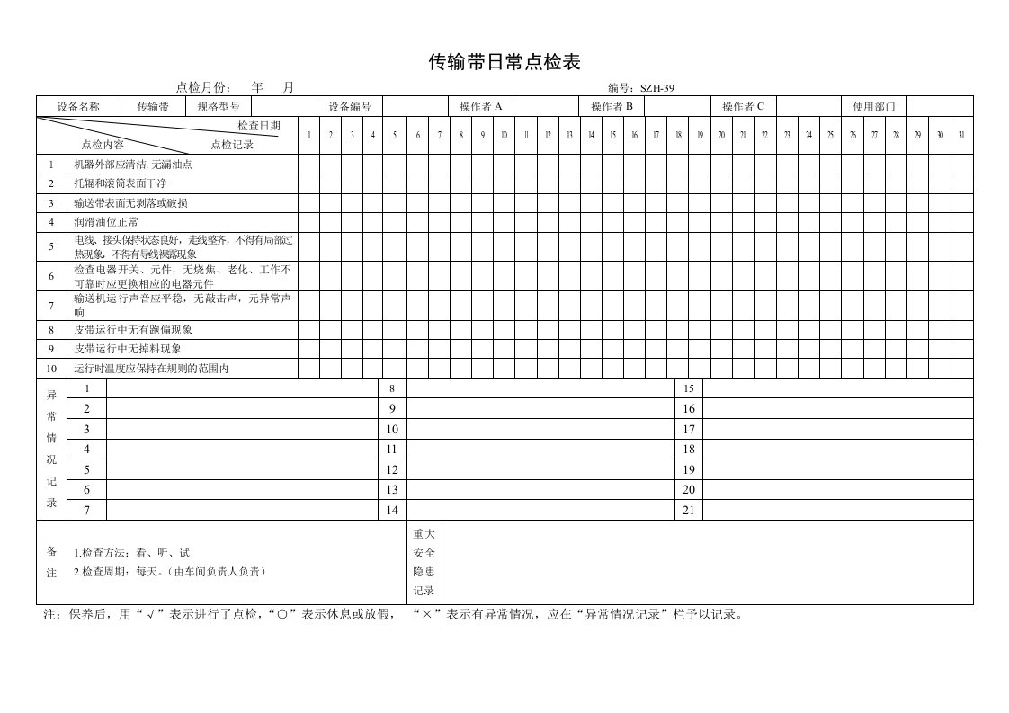 传输带日常点检表