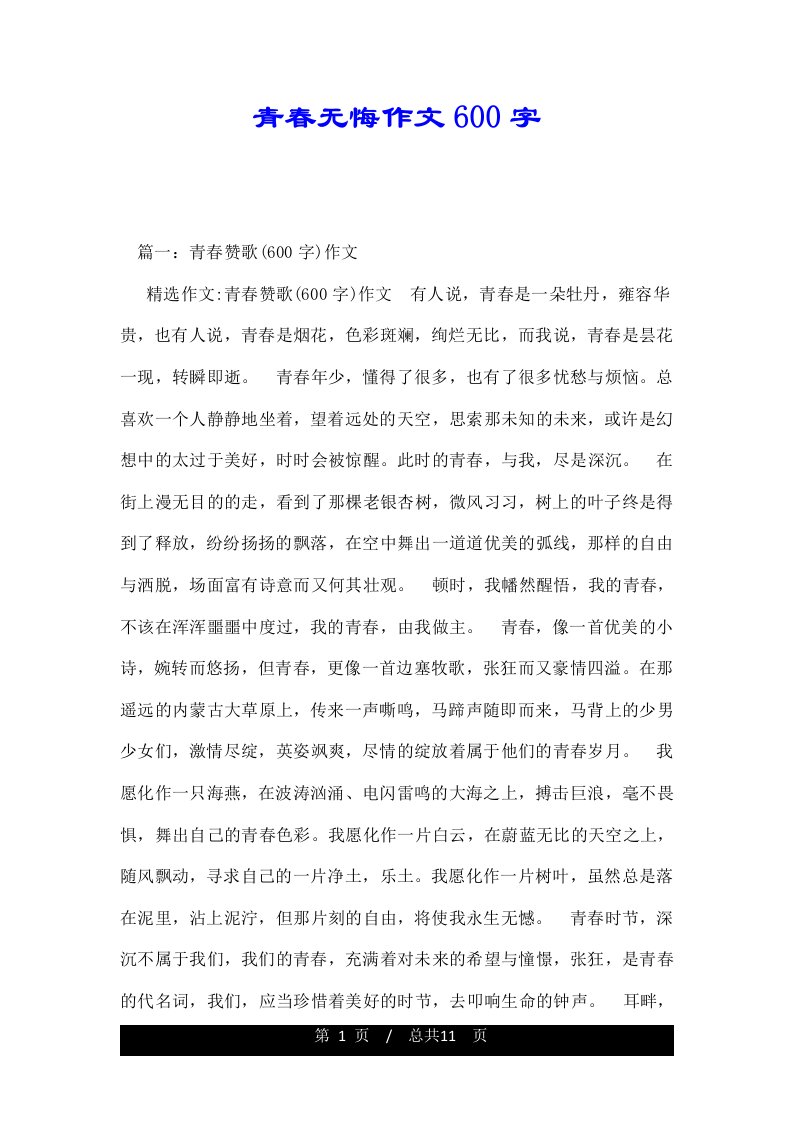 青春无悔作文600字