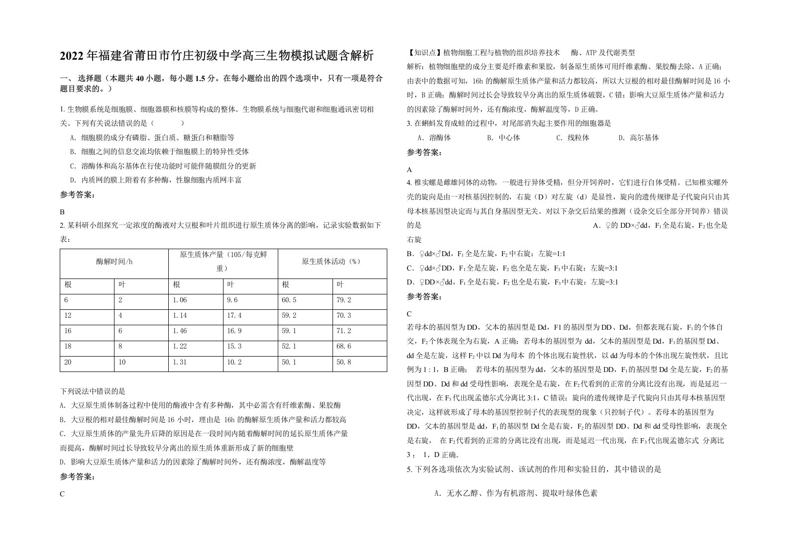 2022年福建省莆田市竹庄初级中学高三生物模拟试题含解析