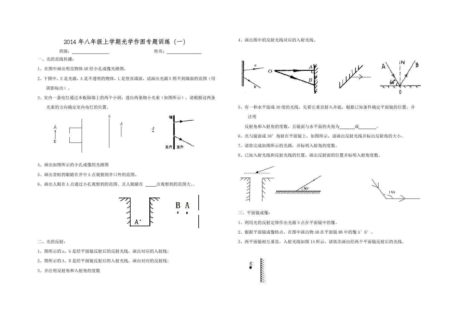 2014年八年级上学期光学作图专题训练(一)