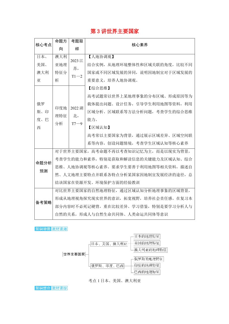 备考2024届高考地理一轮复习讲义第五部分区域地理第一章世界地理第3讲世界主要国家考点1日本美国澳大利亚