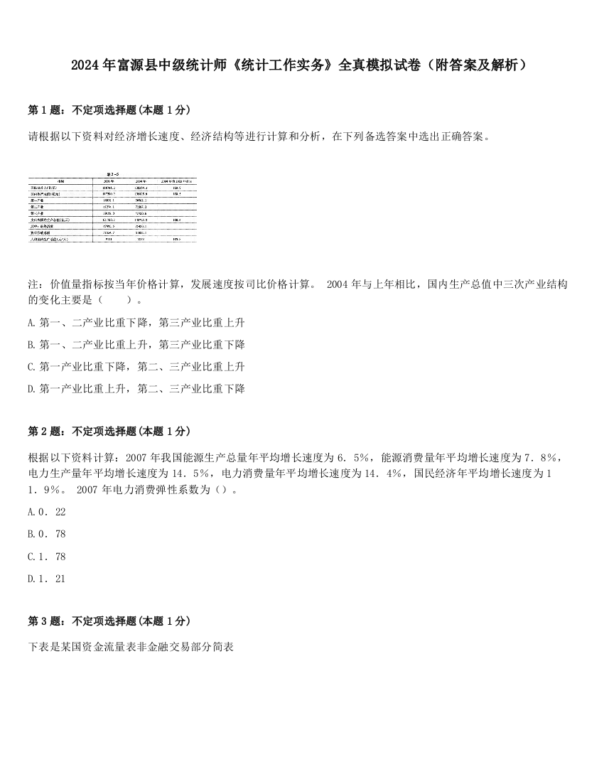 2024年富源县中级统计师《统计工作实务》全真模拟试卷（附答案及解析）