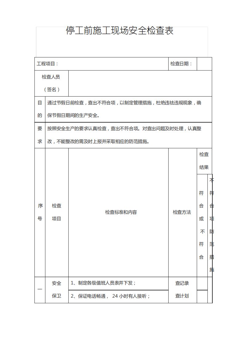 停工前施工现场安全检查表